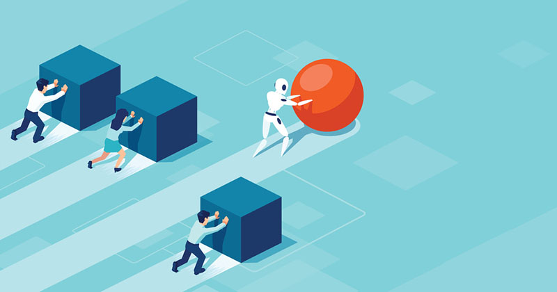 People pushing cubes, robot pushing sphere. robot wins.